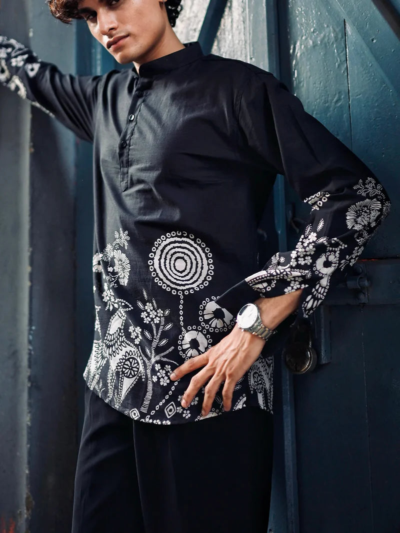 BLACK PLACEMENT PRINT SHORT KURTA