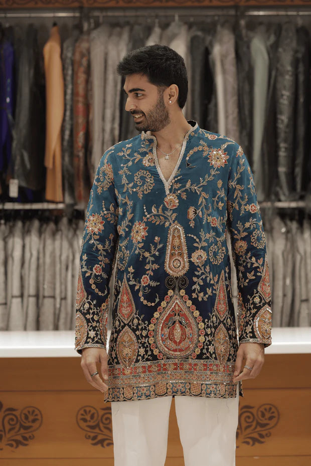 ROYAL TEAL BLUE EMBROIDERED Kurta Set for Men | Wedding & Festive Wear