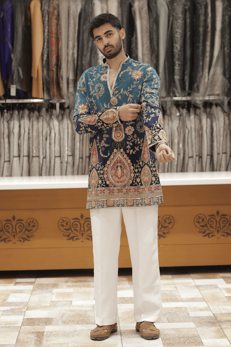 ROYAL TEAL BLUE EMBROIDERED Kurta Set for Men | Wedding & Festive Wear