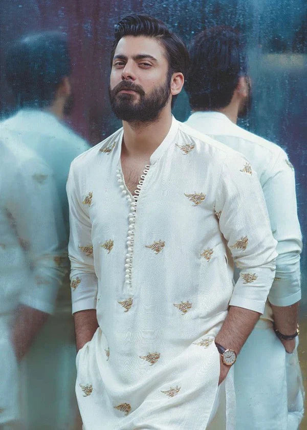 STYLISH WHITE EMBROIDERY WORK DESIGNER KURTA FOR MEN'S