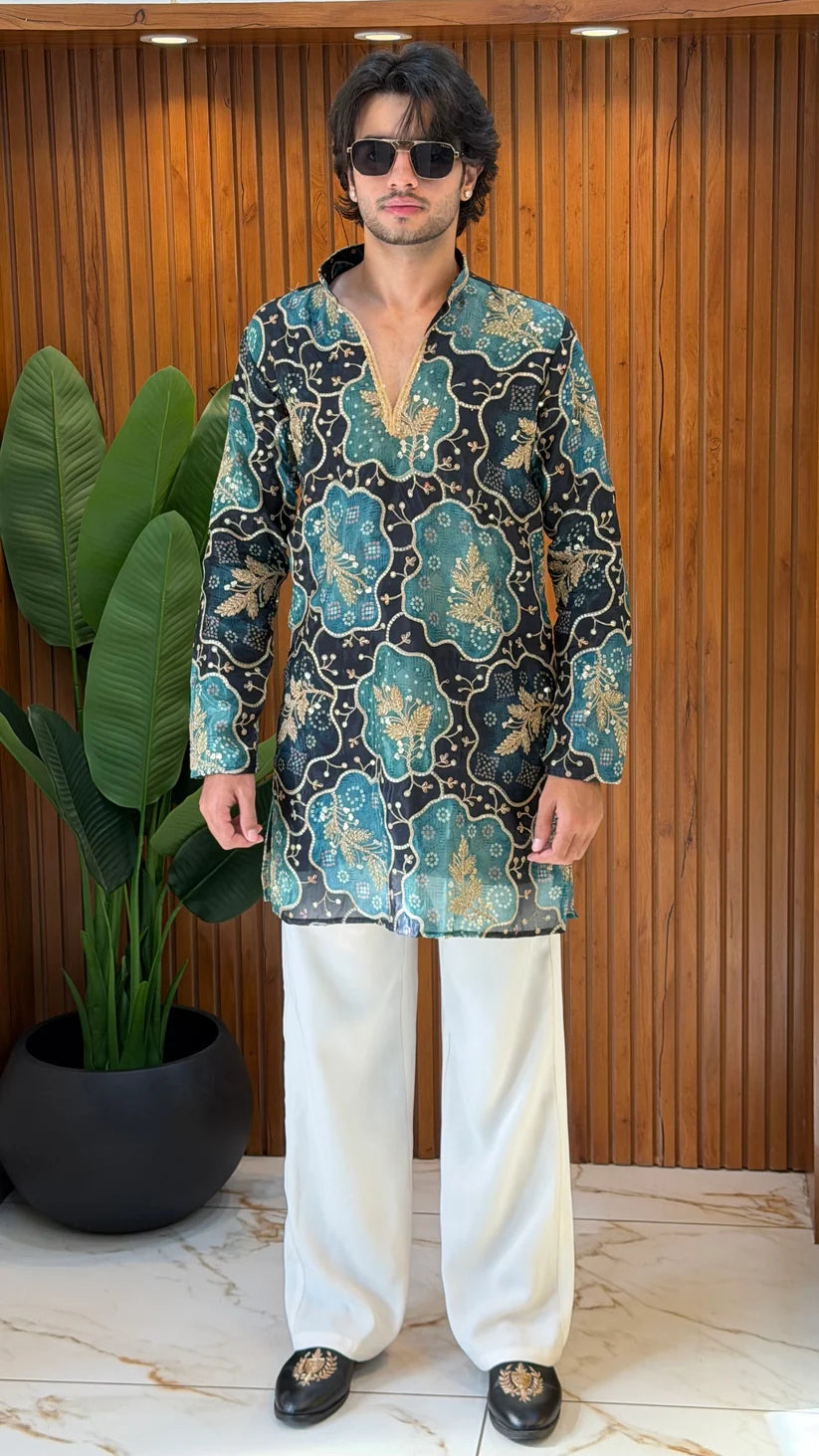 ROYAL FESTIVE DESIGNER SHORT KURTA WITH WHITE WIDE-LEG TROUSERS