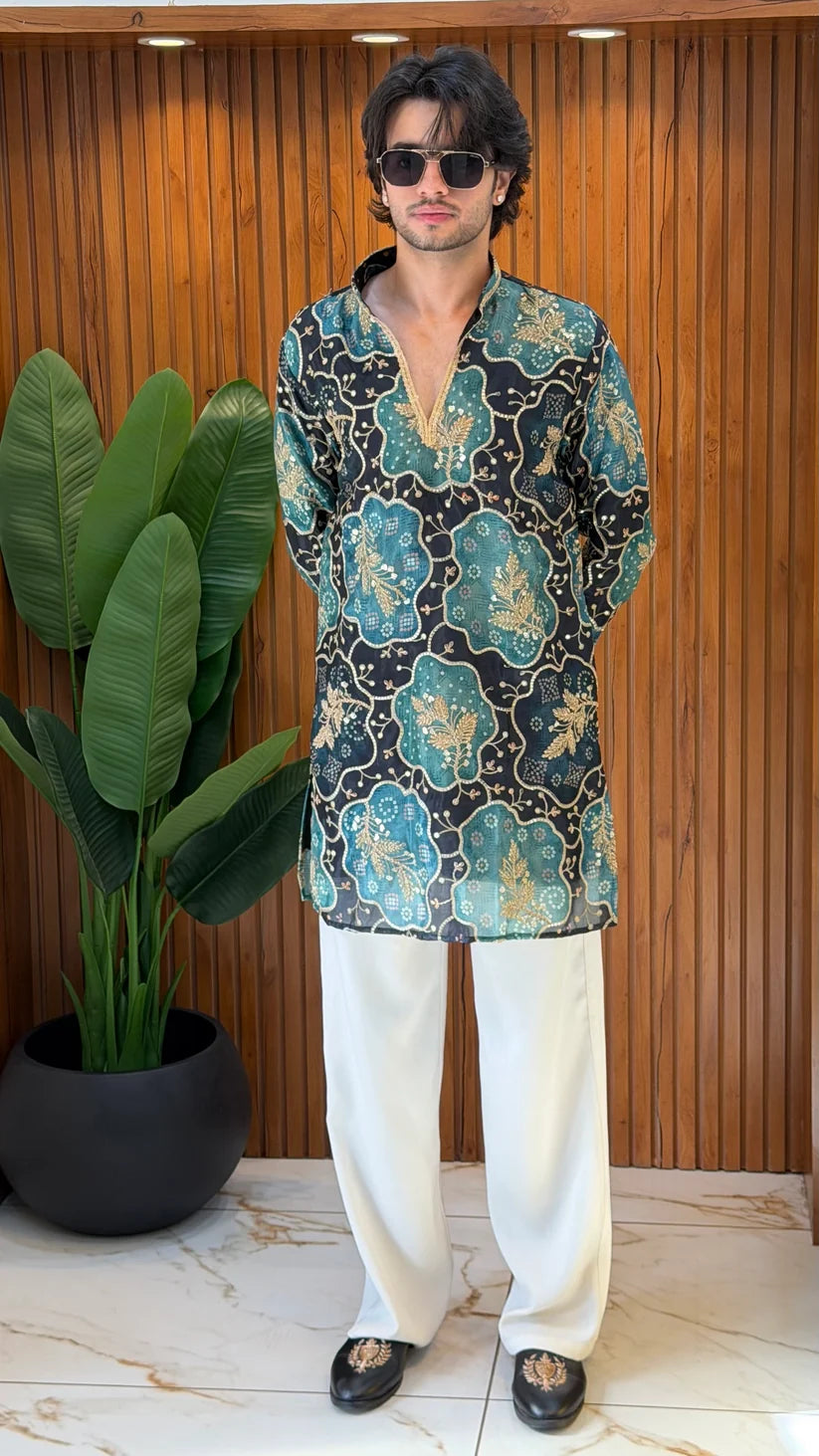 ROYAL FESTIVE DESIGNER SHORT KURTA WITH WHITE WIDE-LEG TROUSERS