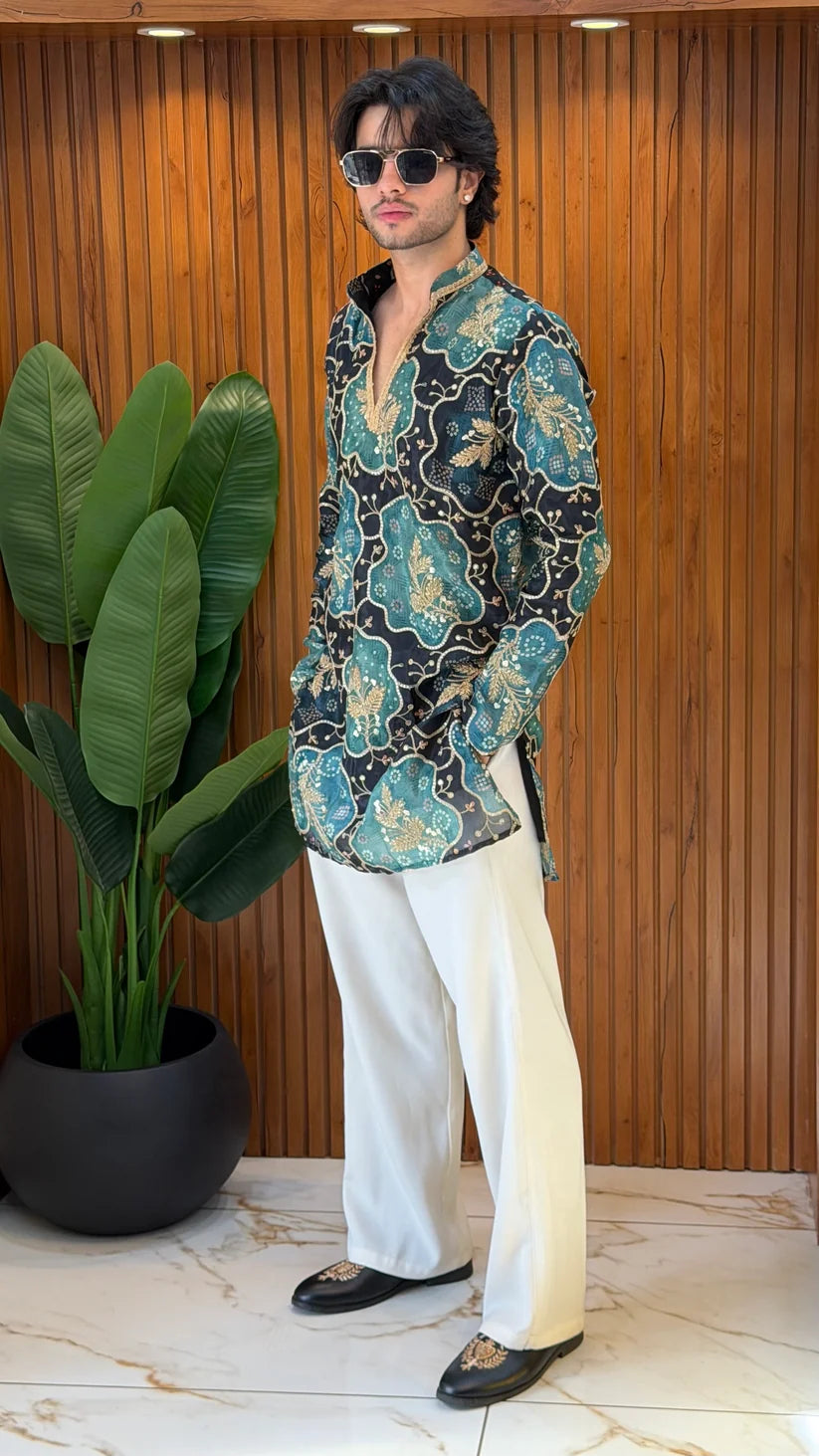 ROYAL FESTIVE DESIGNER SHORT KURTA WITH WHITE WIDE-LEG TROUSERS