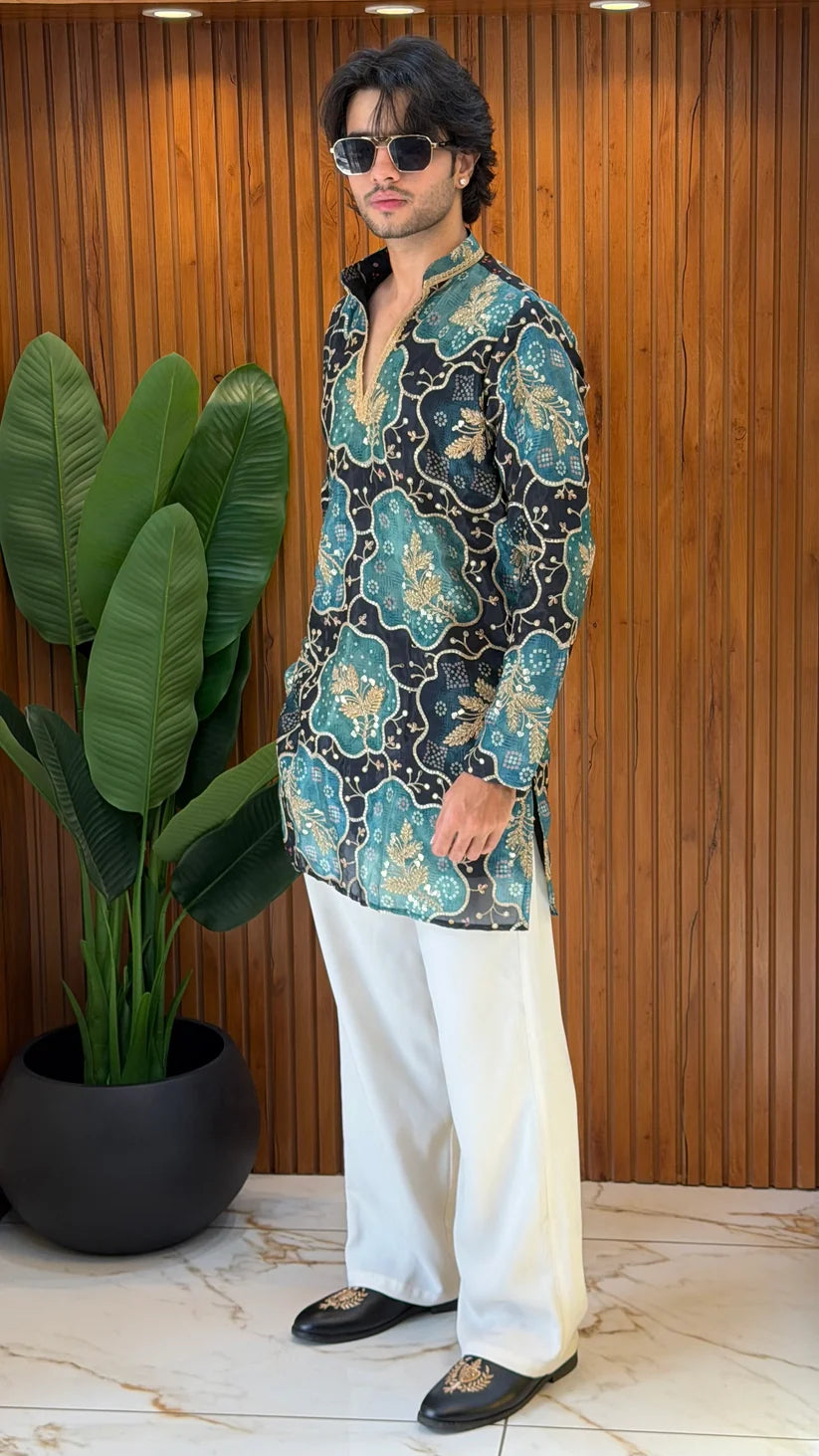 ROYAL FESTIVE DESIGNER SHORT KURTA WITH WHITE WIDE-LEG TROUSERS