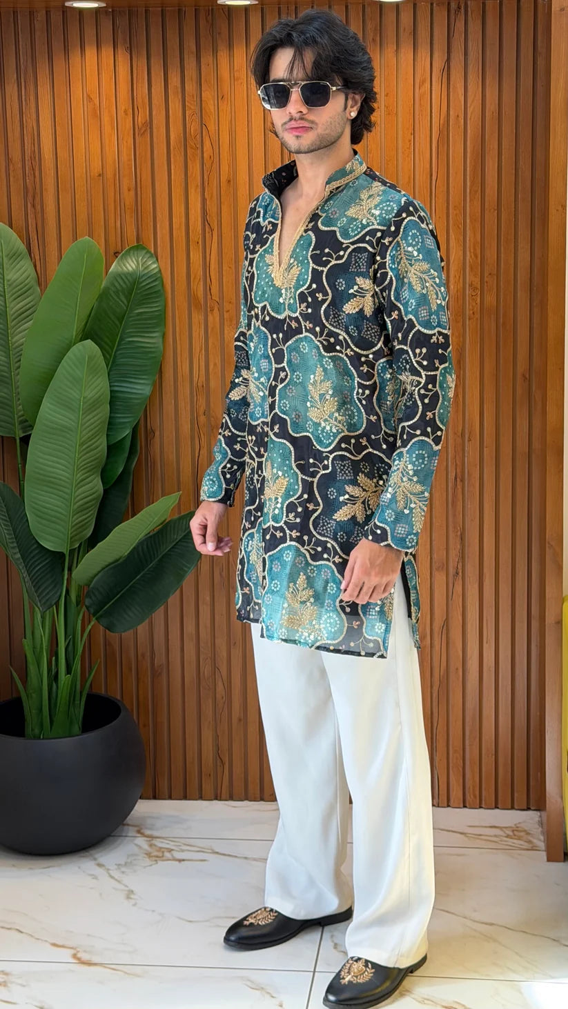 ROYAL FESTIVE DESIGNER SHORT KURTA WITH WHITE WIDE-LEG TROUSERS