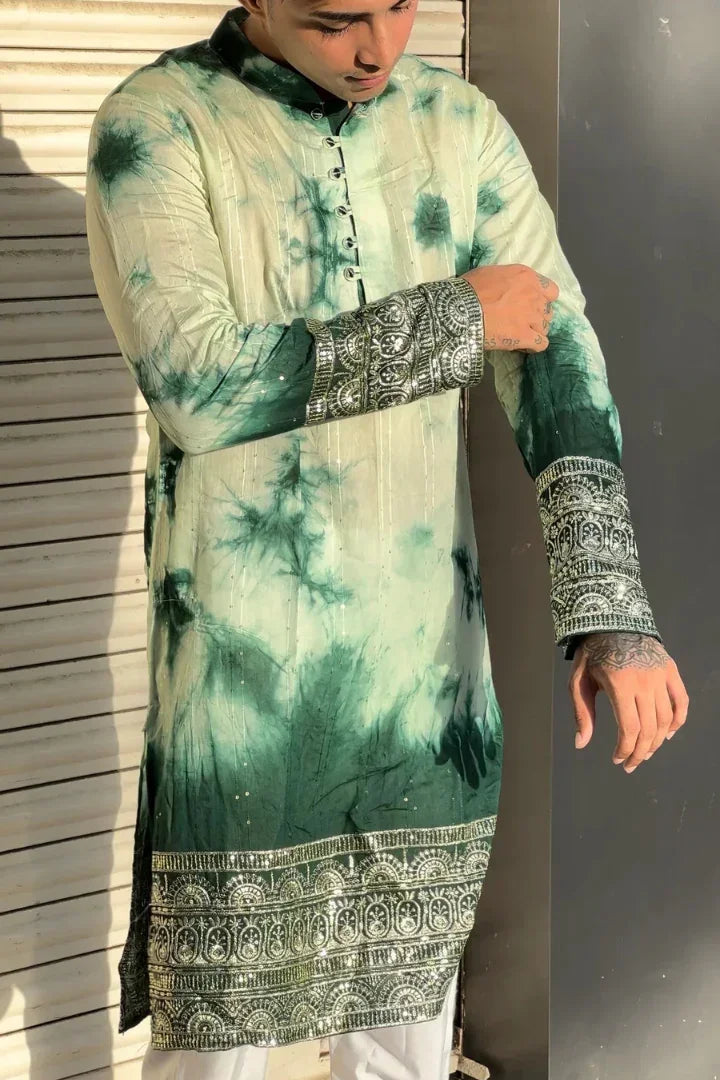 HANDCRAFTED GREEN TIE & DYE KURTA WITH EXQUISITE BORDERS