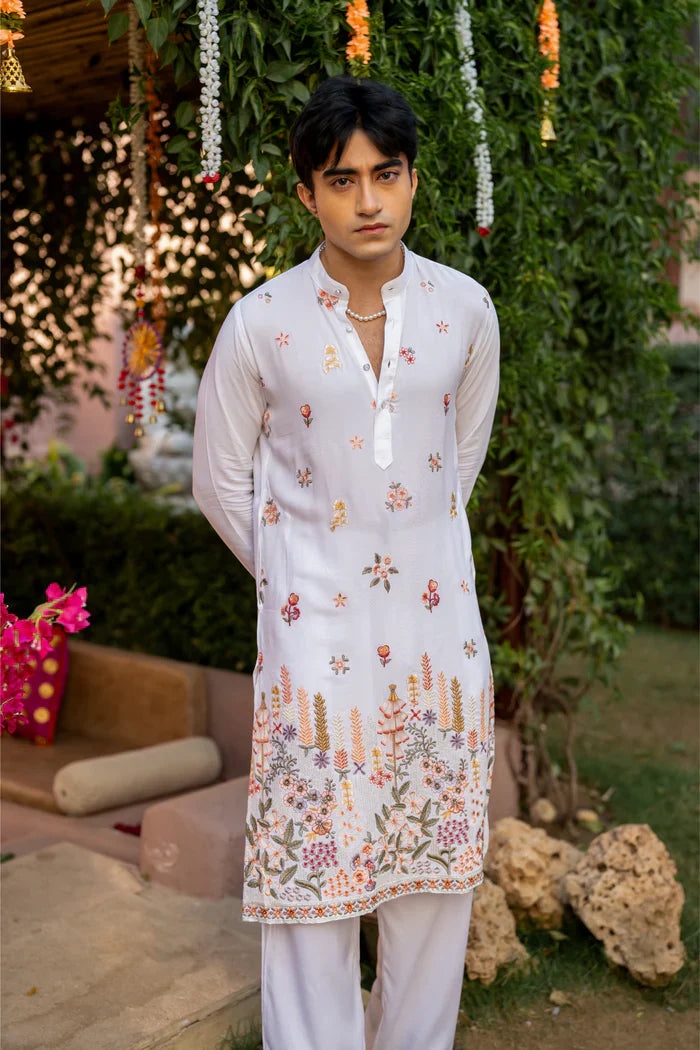 COTTON BLEND BOTANICAL THREAD AND SEQUIN WORK EMBROIDERY WITH SEQUENCE WEDDING AND FESTIVE KURTA