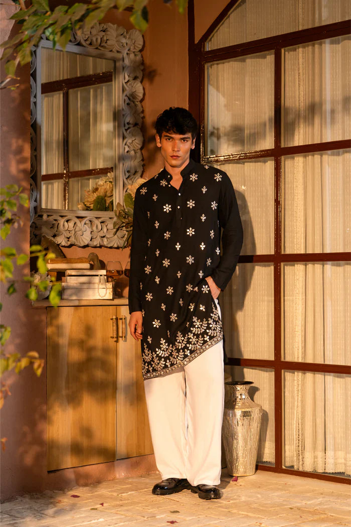 Black Cotton Blend Gold Patran Work KURTA