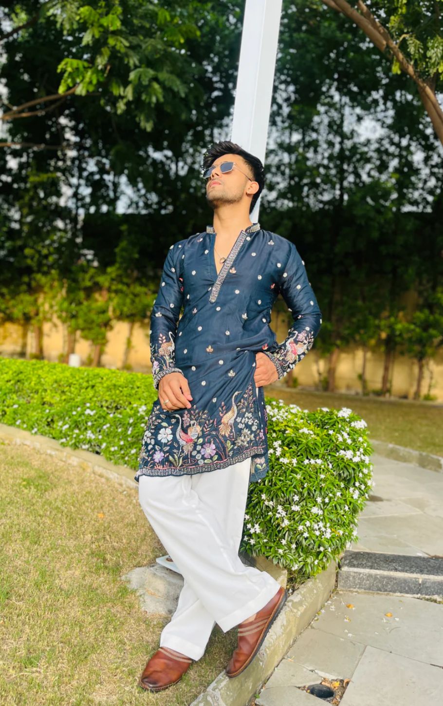 MEN'S BLUE KENZO BEAD WORK EMBROIDERED KURTA SET