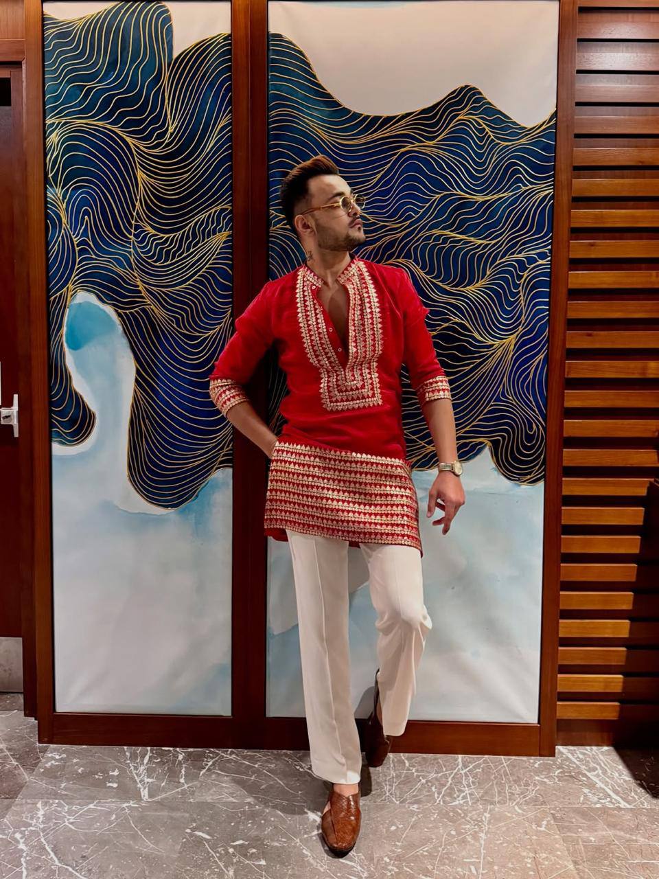 RED EMBROIDERED KURTA PANT SET