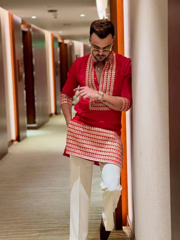 RED EMBROIDERED KURTA PANT SET
