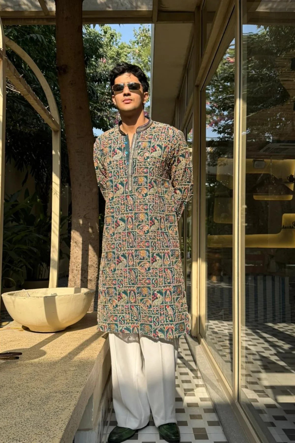 PEACOCK ARTISTRY KURTA – TURQUOISE GREEN| PAIRED WITH LUXURY KOREAN PANTS