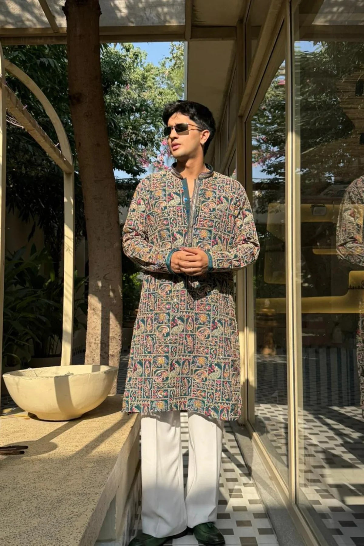 PEACOCK ARTISTRY KURTA – TURQUOISE GREEN| PAIRED WITH LUXURY KOREAN PANTS